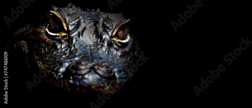a close up of an animal's face in the dark with its eyes wide open and a black background. photo