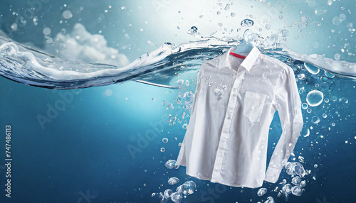 cleaning clothes washing machine or liquid detergent commercial advertisement style with floating white shirt underwater with bubbles and wet splashes laundry work as banner design, space for text photo