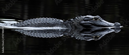 a close up of a body of water with a large alligator in the middle of it's body and it's reflection in the water.