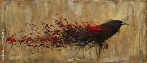 a painting of a black bird with red paint splatters on it's body and wings, on a brown background. photo