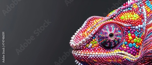 a close - up of a colorful chamelon's head on a black background with a black background.