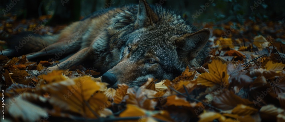 a wolf laying on top of a pile of leaves next to a forest filled with lots of green and yellow leaves.
