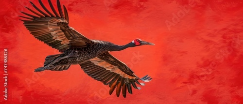 a large bird flying through the air with it's wings spread and it's head turned to the side.