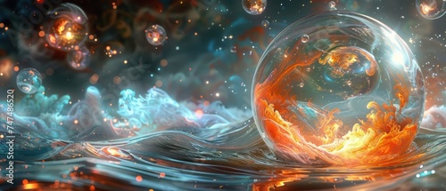 a painting of a sphere floating in a body of water surrounded by bubbles of water and stars in the sky.