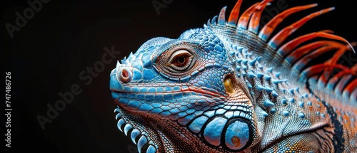 a close up of an iguana s head with red and blue spikes on it s head.