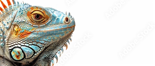 a close up of an iguana s head with orange and blue stripes on it s head.