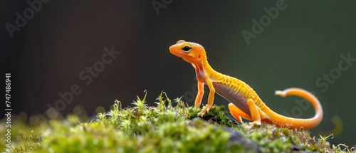 a close up of a small orange lizard on a mossy surface with a blurry back ground in the background. photo