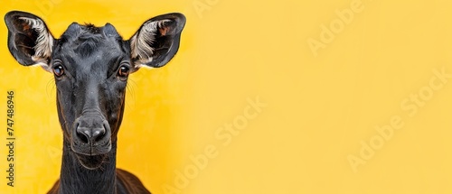 a close - up of a black dog with a yellow wall in the background and a yellow wall in the foreground.