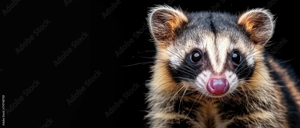 a close up of a ferret's face with its tongue out and it's tongue sticking out.