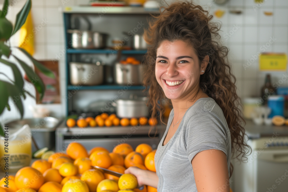 Woman smiling while cutting orange standing in kitchen at home Woman smiling while cutting orange standing in kitchen at home