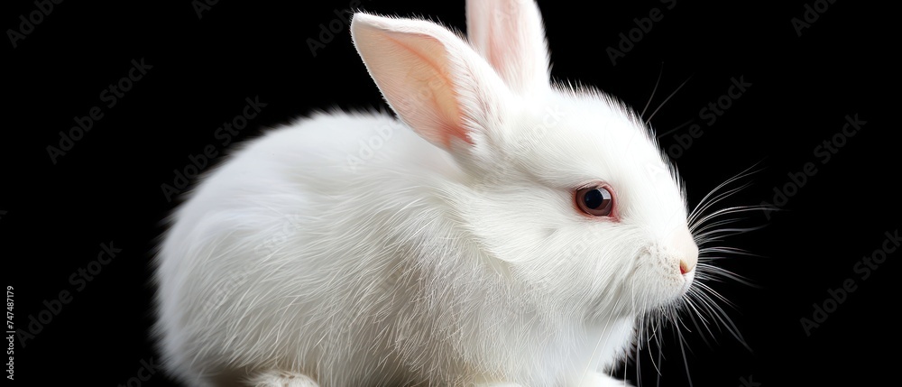 a close up of a white rabbit on a black background with a blurry image of it's face.