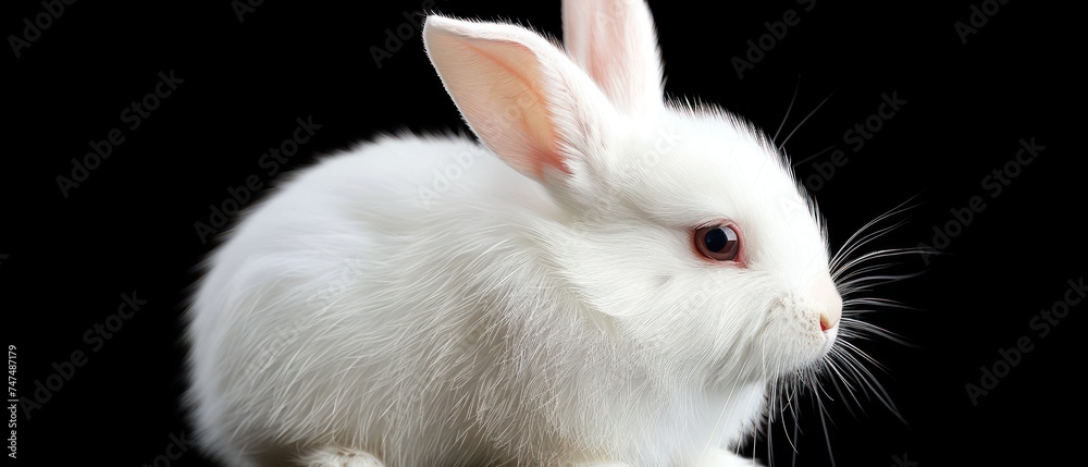 a close up of a white rabbit on a black background with a blurry image of it's face. a close up of a white rabbit on a black background with a blurry image of it's face.