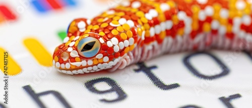 a close up of a red and yellow gecko on a white sheet of paper with letters and numbers in the background.