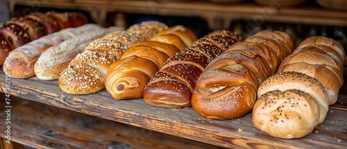 bagels in a bakery shelves and balcony, light amber and aquamarine, light silver and amber, romanticized nostalgia