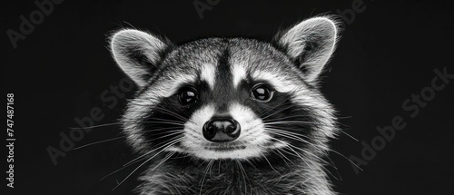 a black and white photo of a raccoon looking at the camera with a sad look on its face.
