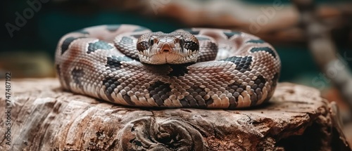 a close up of a snake on top of a piece of wood with a blurry background in the background.