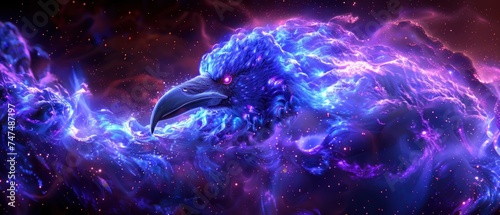 a computer generated image of a bird of prey in the center of a purple and blue space filled with stars. photo