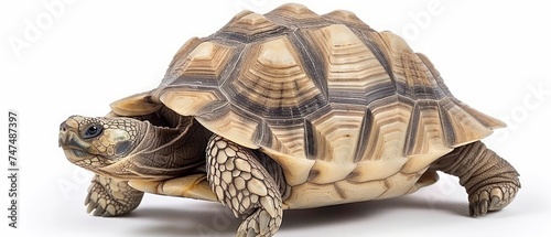 a close up of a tortoise on a white background with a clipping path to the top of the tortoise. photo
