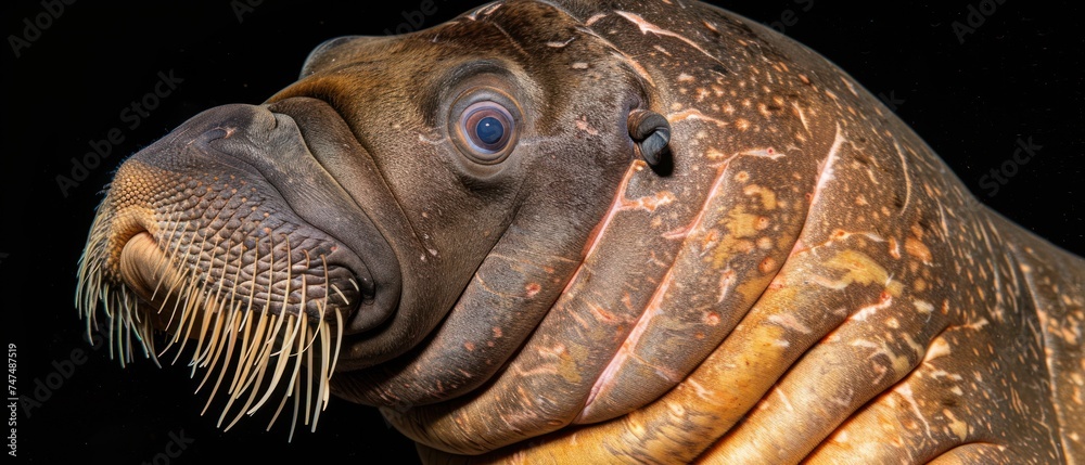 a close - up of a walpopotamus looking at the camera with its eyes wide open on a black background.