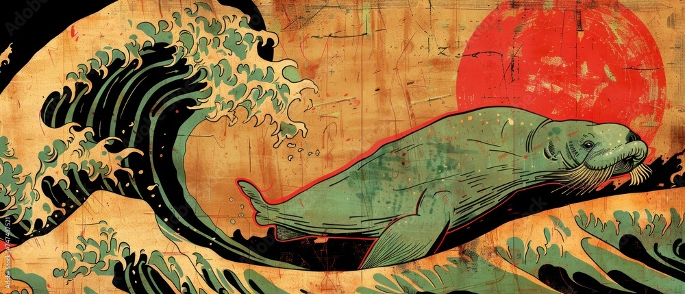 a painting of a seal on a wall with a wave in the background and a red sun in the sky. a painting of a seal on a wall with a wave in the background and a red sun in the sky.