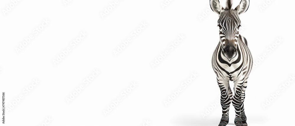 a zebra standing in front of a white background with a black and white image of it's head and neck. a zebra standing in front of a white background with a black and white image of it's head and neck.