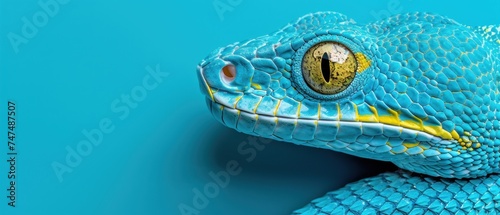 a close - up of a blue lizard s head with a yellow spot on it s left eye.