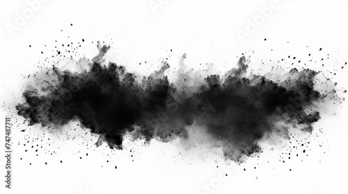 Black particles explosion isolated on white background. Abstract dust overlay texture
