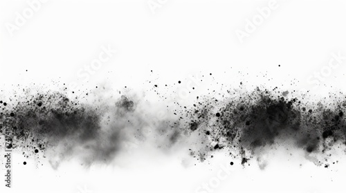 Black particles explosion isolated on white background. Abstract dust overlay texture