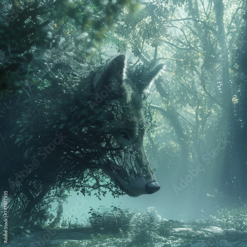 Envision a serene forest clearing bathed in the soft light of dawn, where the elegant contours of intertwining branches coalesce to form the noble profile of a vigilant wolf's head