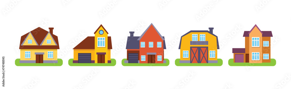 Cute Small House as Residential Building with Roof Vector Set Cute Small House as Residential Building with Roof Vector Set