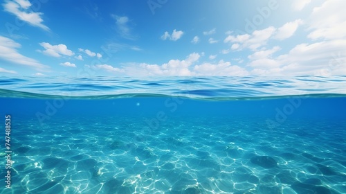 Blue sea or ocean water surface and underwater with sunny and cloudy sky