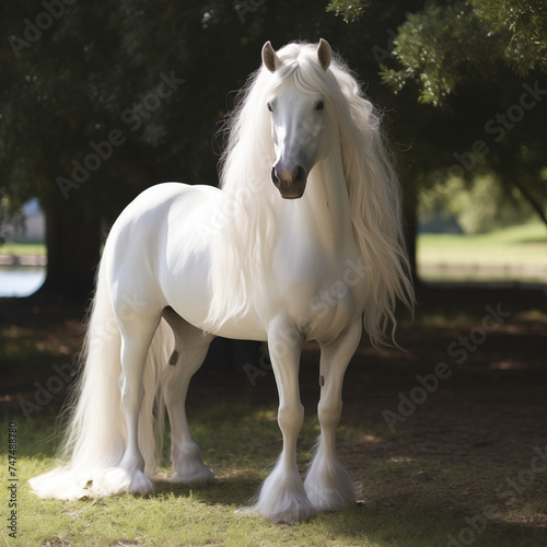 White horse on green trees background