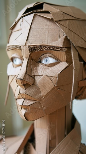A female model's face made from cardboard box presents a creative and original aesthetic highlighting the versatility of the material. Woman's face in sustainable art.