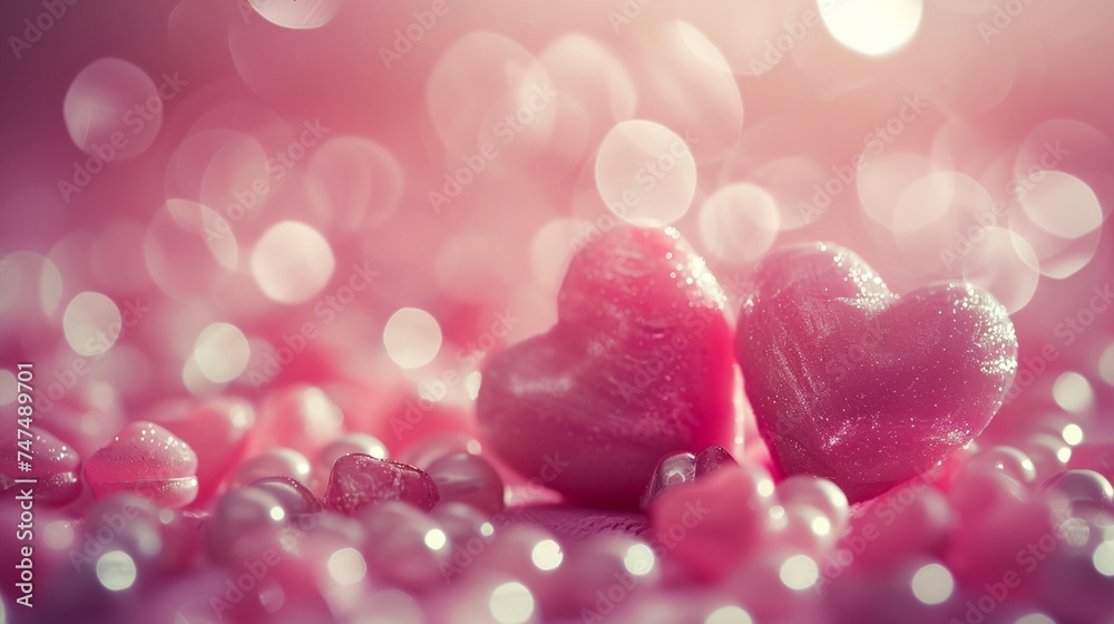 two hearts on a pink background with glitters two hearts on a pink background with glitters