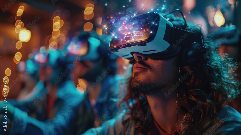 A man is fully engaged in a captivating virtual reality session, surrounded by others in a dynamic, illuminated setting.