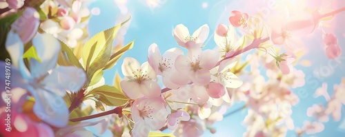 Blossoming tree branch on blue sky background. Spring equinox concept