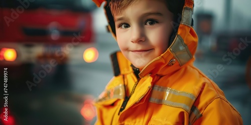 International Firefighters Day, portrait of a small child boy in a firefighter costume, fire trucks in a fire station, the concept of choosing a profession