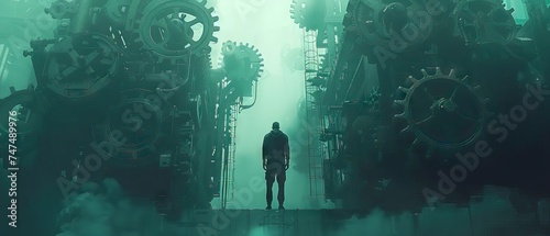 silhouette of a man in a old industrial room with big machines in style of green and aquamarine