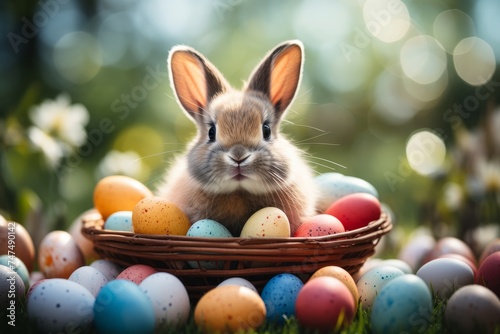 Easter bunny with colorful eggs in basket on grass - festive easter image for cards and decorations