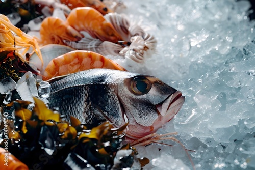 Fish with seashells on icy surface - A fresh fish lies surrounded by seashells and ice, depicting a fresh catch ready for gourmet cooking