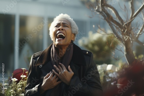Distressed elderly american woman mourns tragic loss with heart-wrenching scream