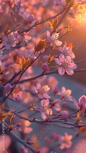 Close up on Beautiful cherry blossom sakura during spring time, Glowing sunset light.