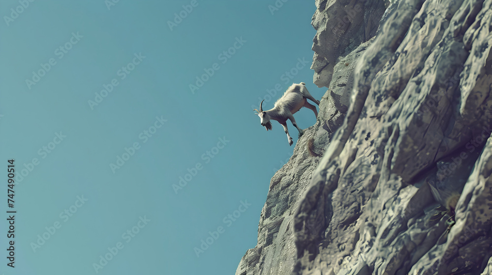 Goat skillfully climbing a steep rocky cliff - A goat showcasing agility as it climbs a sheer cliff under a clear blue sky - obrazy, fototapety, plakaty 