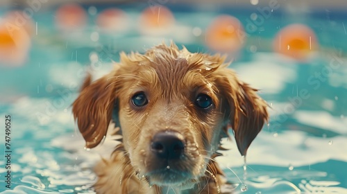 Wet dog in a swimming pool with floating lights - Adorable wet dog inside a pool with orange floating lights that create a warm ambiance