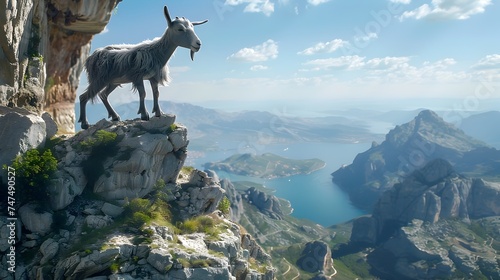 Mountain goat on a picturesque mountain backdrop - A lone mountain goat stands majestically on a ledge with a breathtaking panoramic mountain landscape and lake below © Mickey