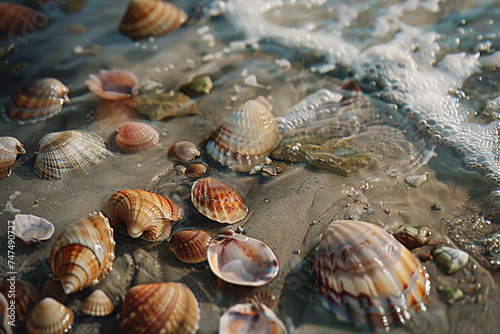 Seashore with seashells and ocean wave. Sandy beach with exotic shells as natural textured background. Summer photography for travel and vacation.