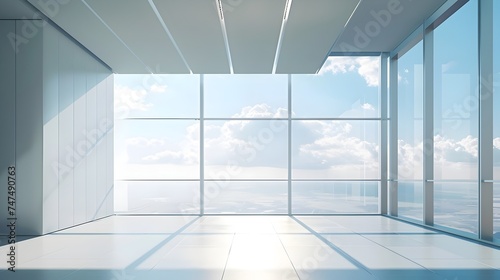 Modern empty office space with large windows - Bright and airy modern office interior with expansive windows overlooking the clouds and sky