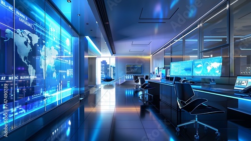 Futuristic control room with neon blue lights - An advanced operations control room featuring neon blue lights and high-tech screens displaying global data