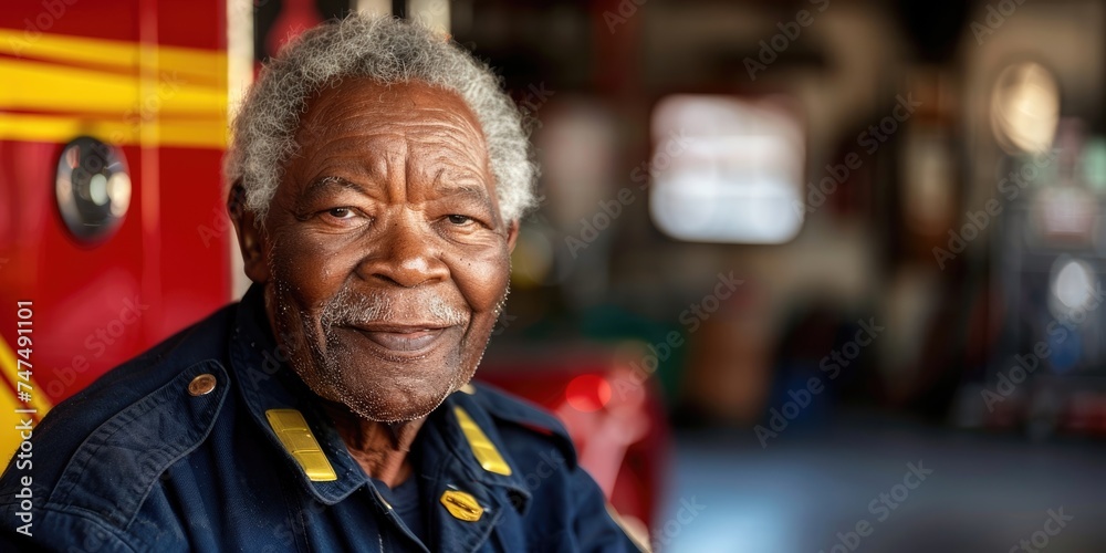 International Firefighters Day, portrait of an African-American elderly male firefighter, fire trucks in a fire station, concept of working pensioners