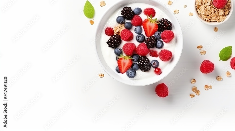 Bowl of granola with yogurt and berries isolated on white background, top view Bowl of granola with yogurt and berries isolated on white background, top view